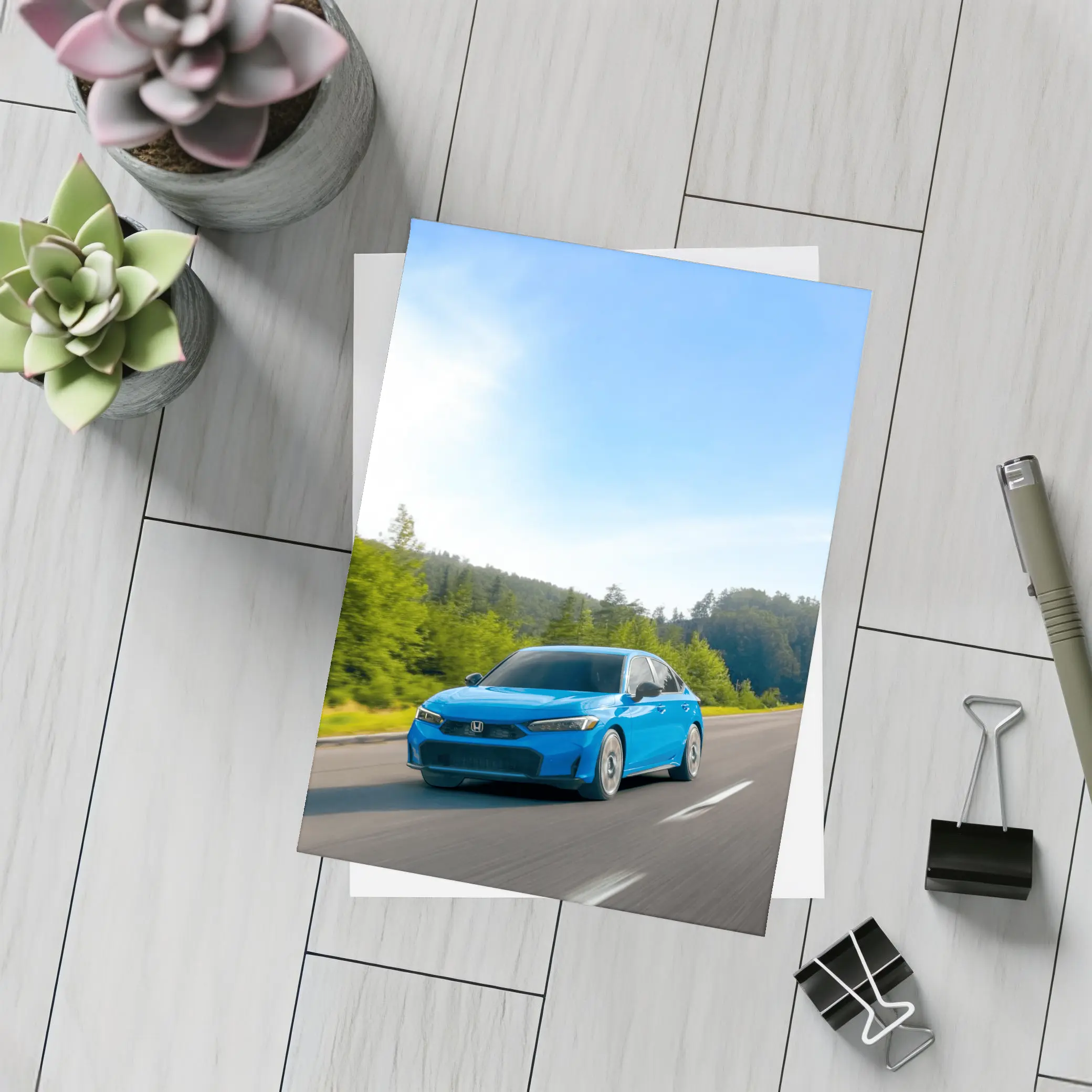 Honda Civic Blue Sedan Highway Drive – Postcards