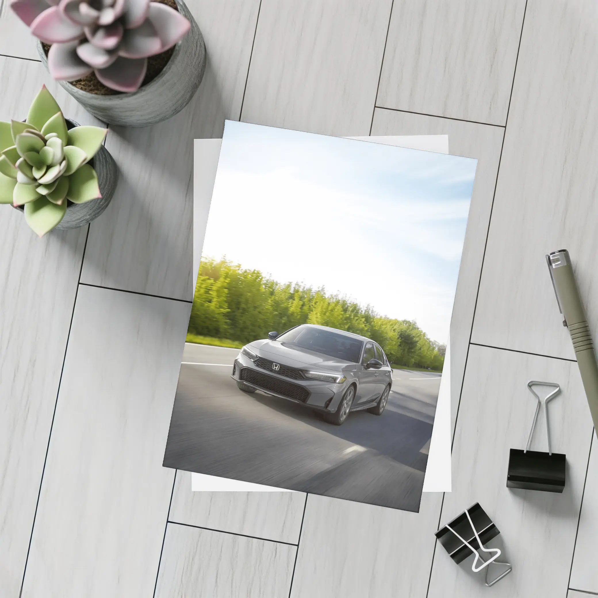 Honda Civic Sedan Driving Open Road – Postcards