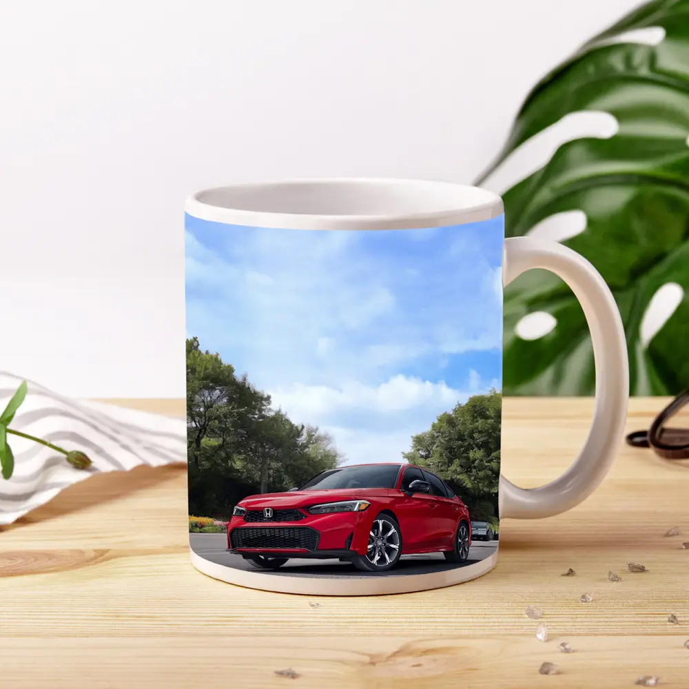Red Honda Civic Sedan Parked Outdoors – Mugs