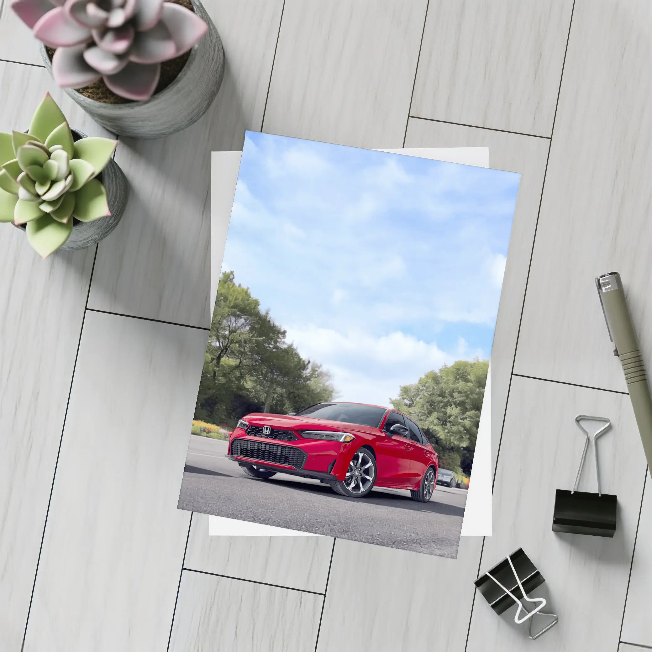 Red Honda Civic Sedan Parked Outdoors – Postcards