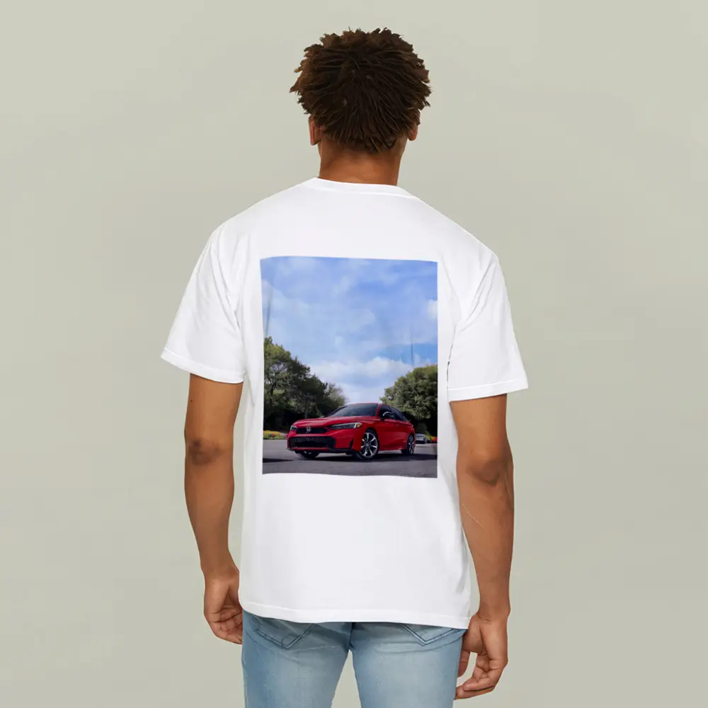 Red Honda Civic Sedan Parked Outdoors – T-Shirts