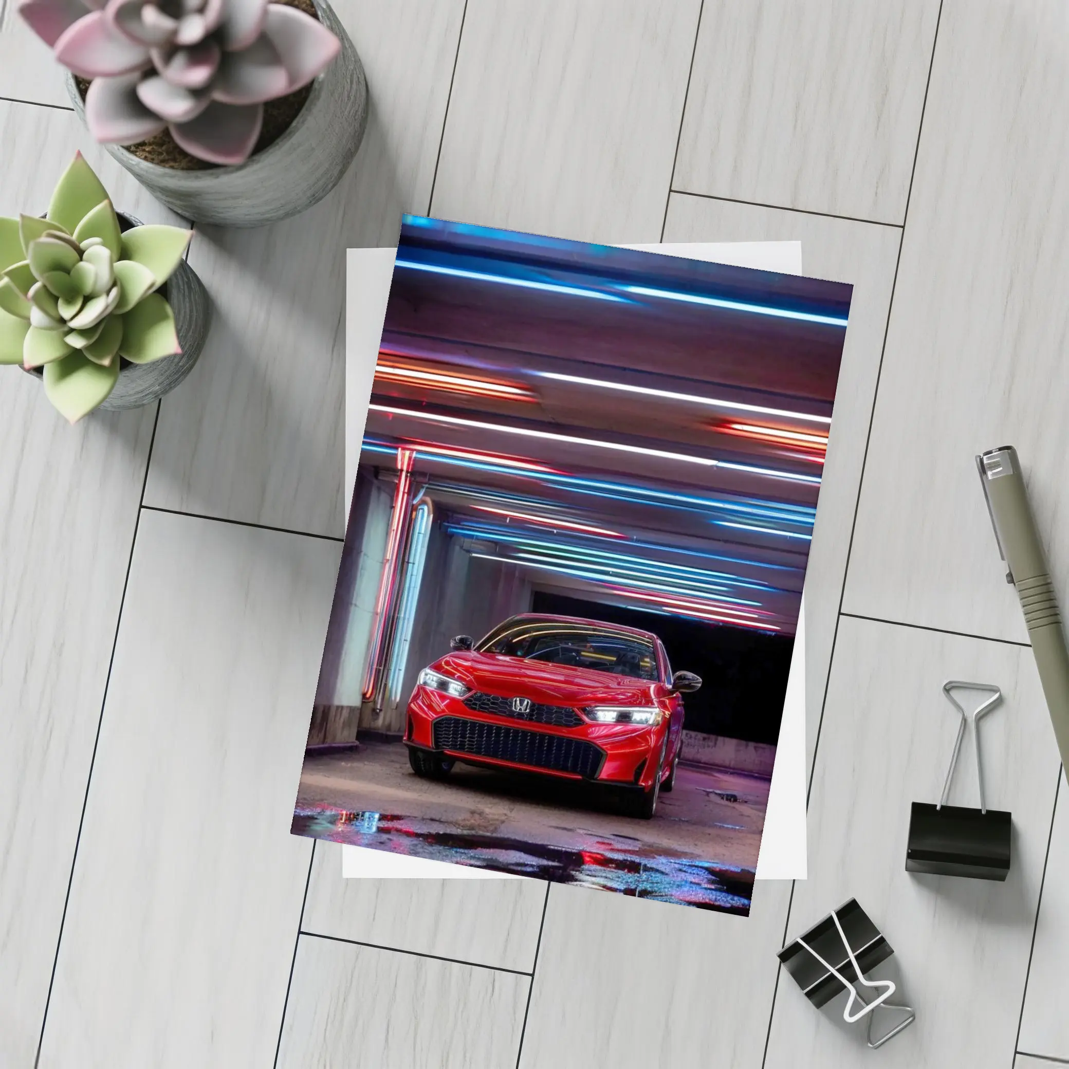 Honda Civic Red Neon Lights Parking Garage – Postcards