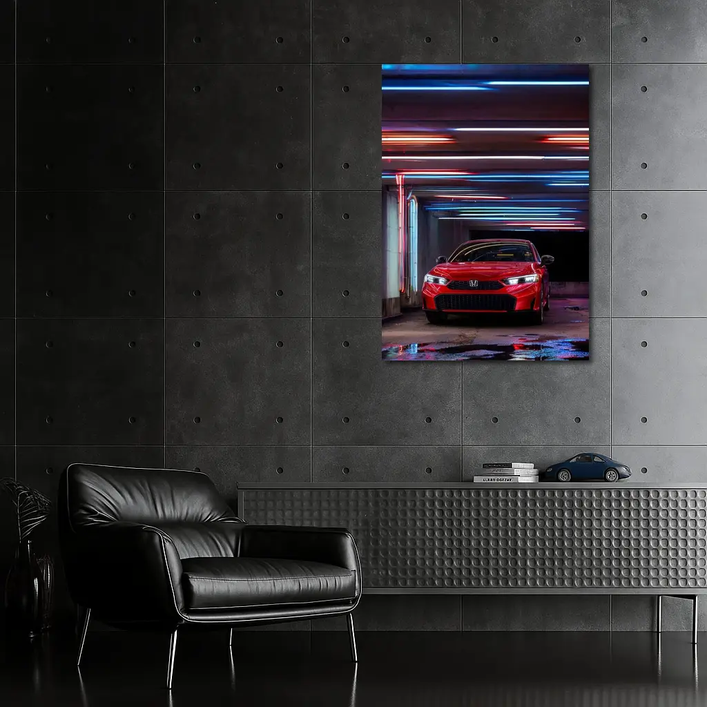 Honda Civic Red Neon Lights Parking Garage – Wall Art