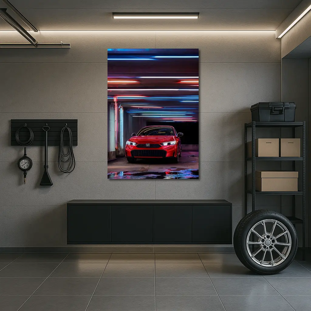 Honda Civic Red Neon Lights Parking Garage – Wall Art