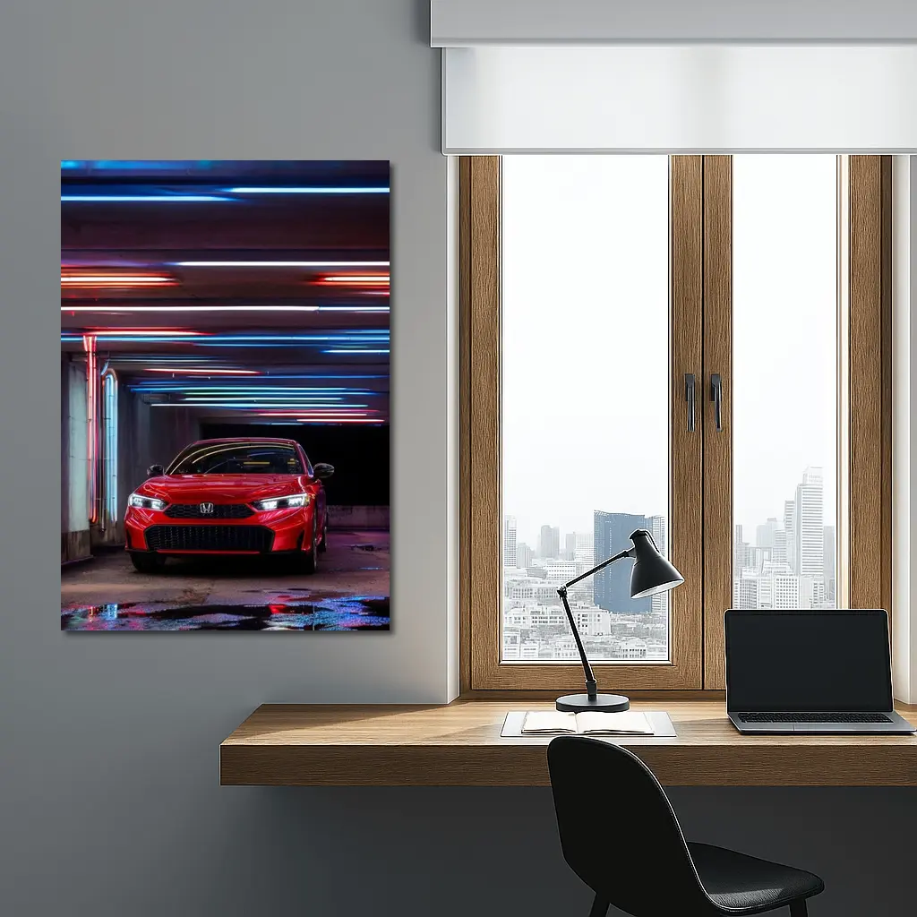Honda Civic Red Neon Lights Parking Garage – Wall Art