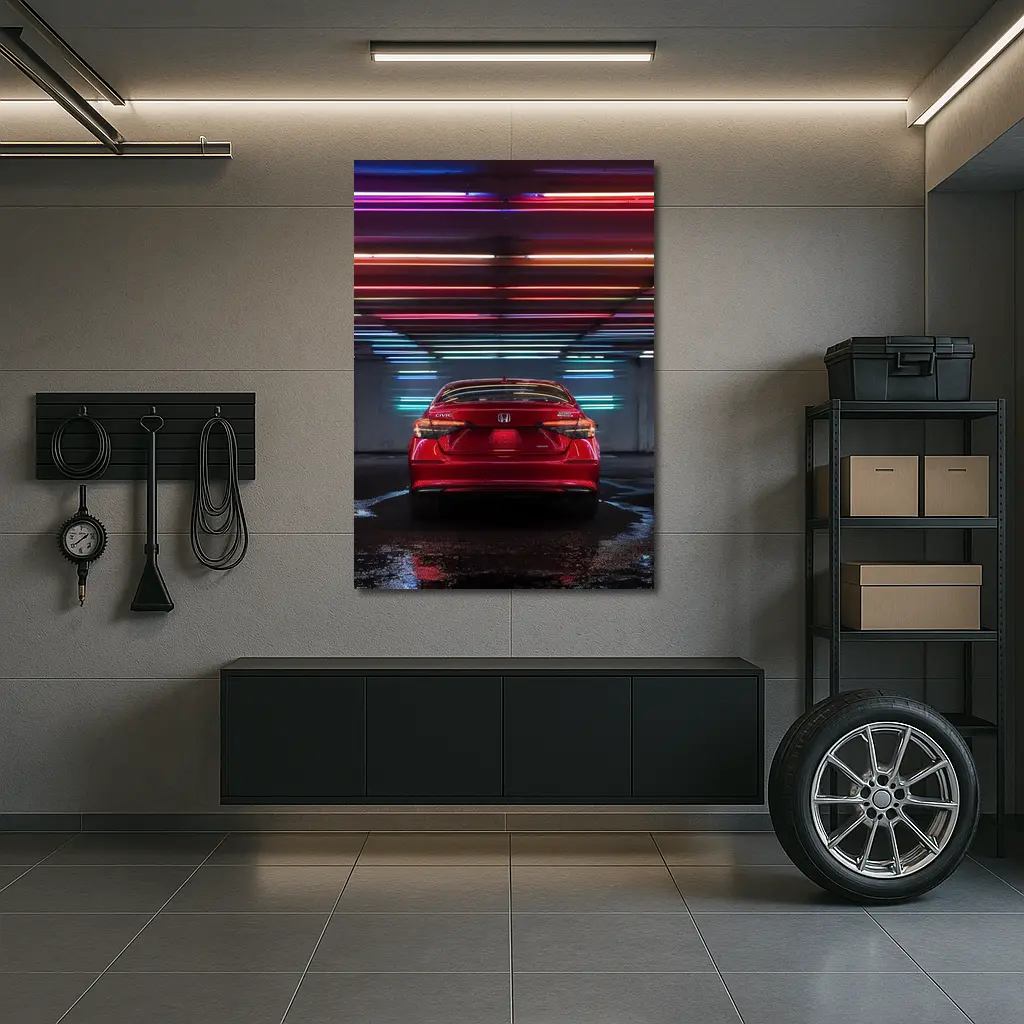 Honda Civic Red Rear Neon Parking Garage – Wall Art