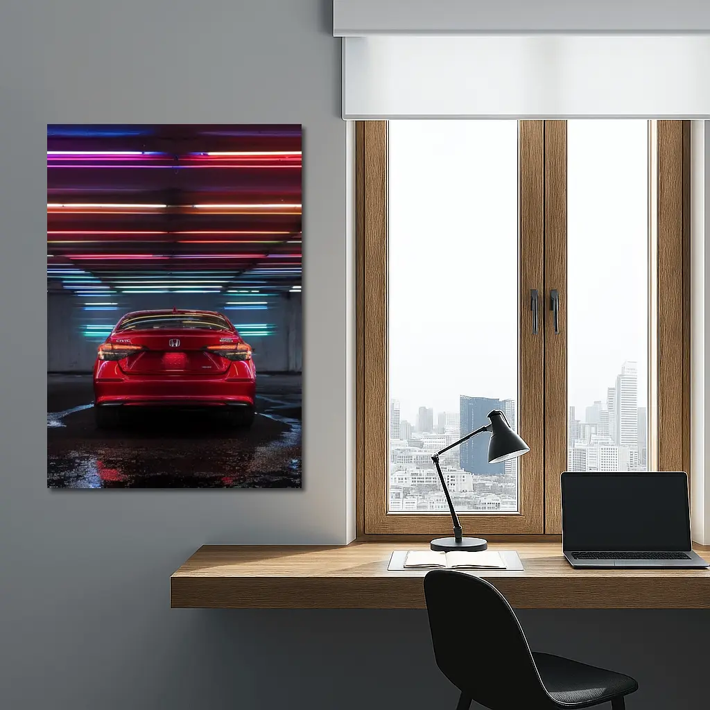 Honda Civic Red Rear Neon Parking Garage – Wall Art