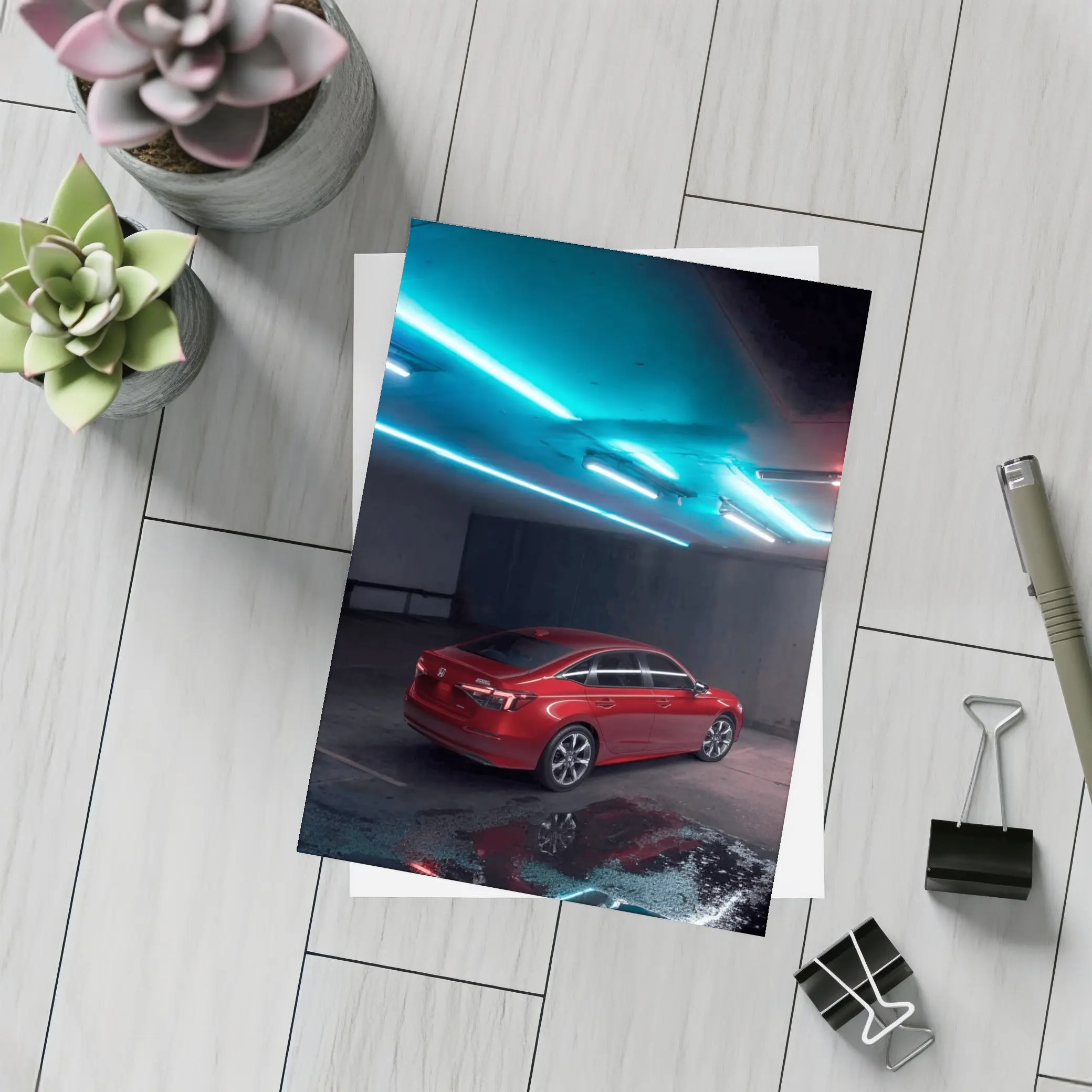 Honda Civic Red Neon Parking Garage Night – Postcards