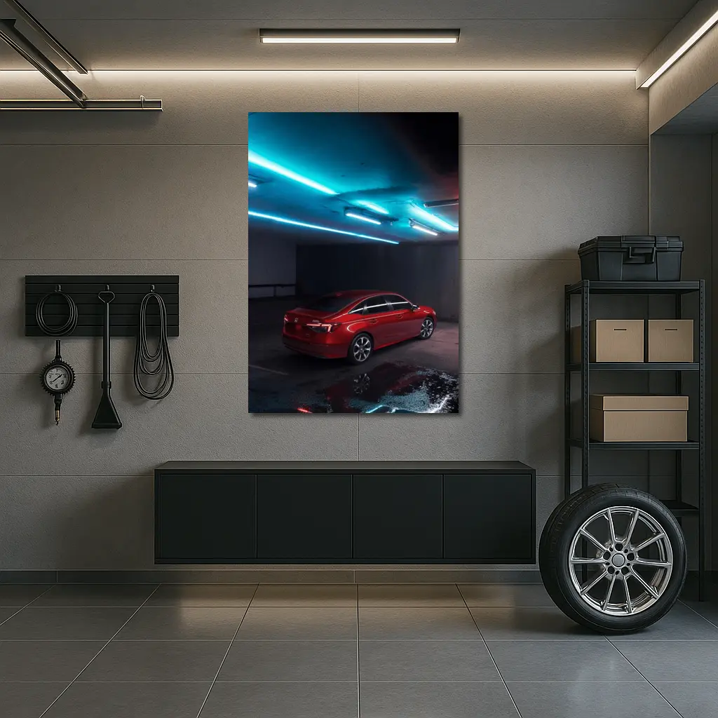 Honda Civic Red Neon Parking Garage Night – Wall Art