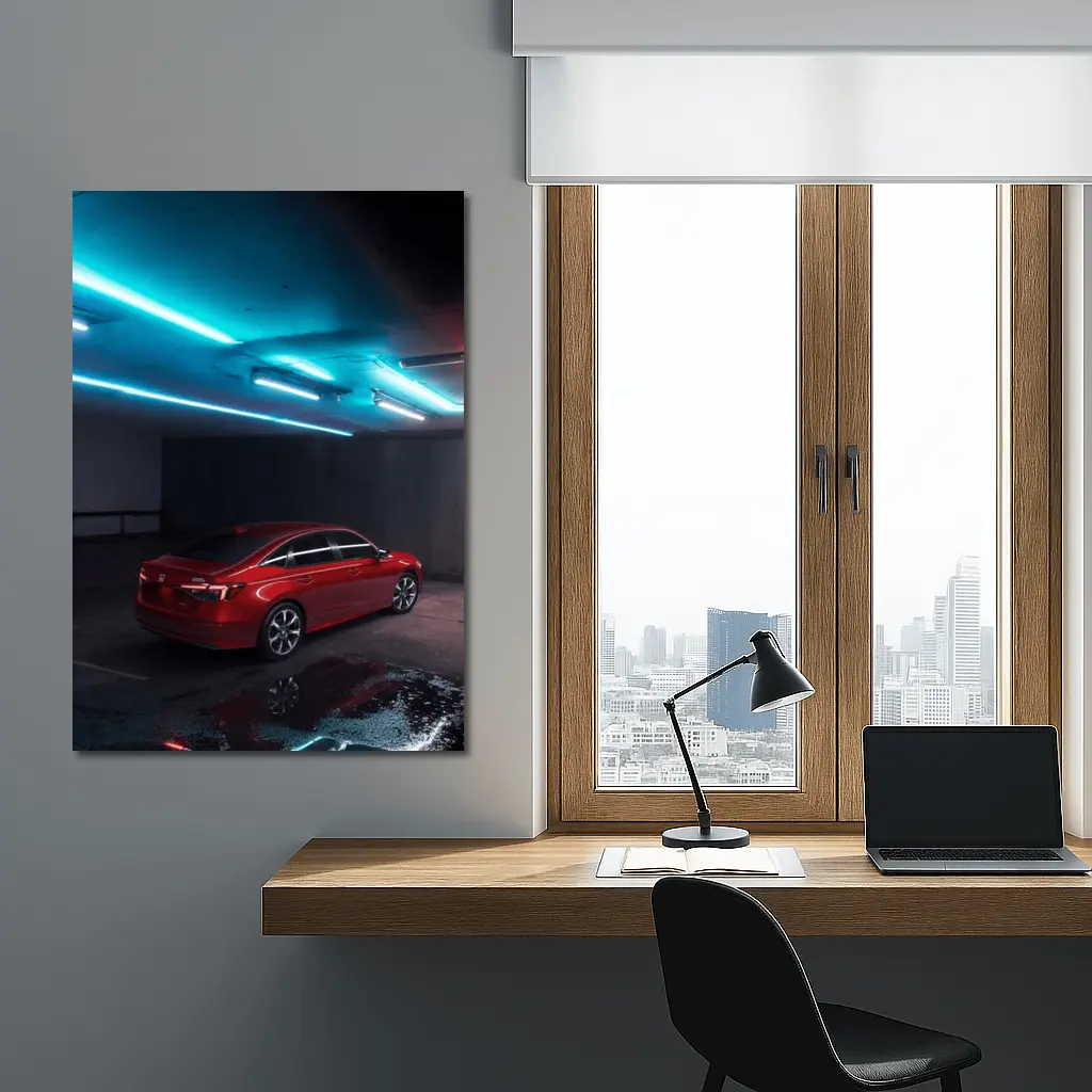 Honda Civic Red Neon Parking Garage Night – Wall Art
