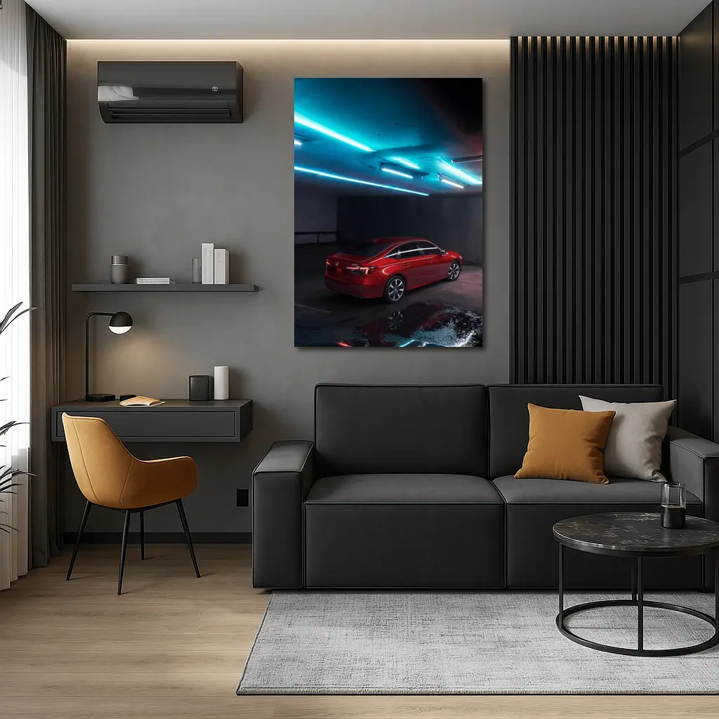 Honda Civic Red Neon Parking Garage Night – Wall Art