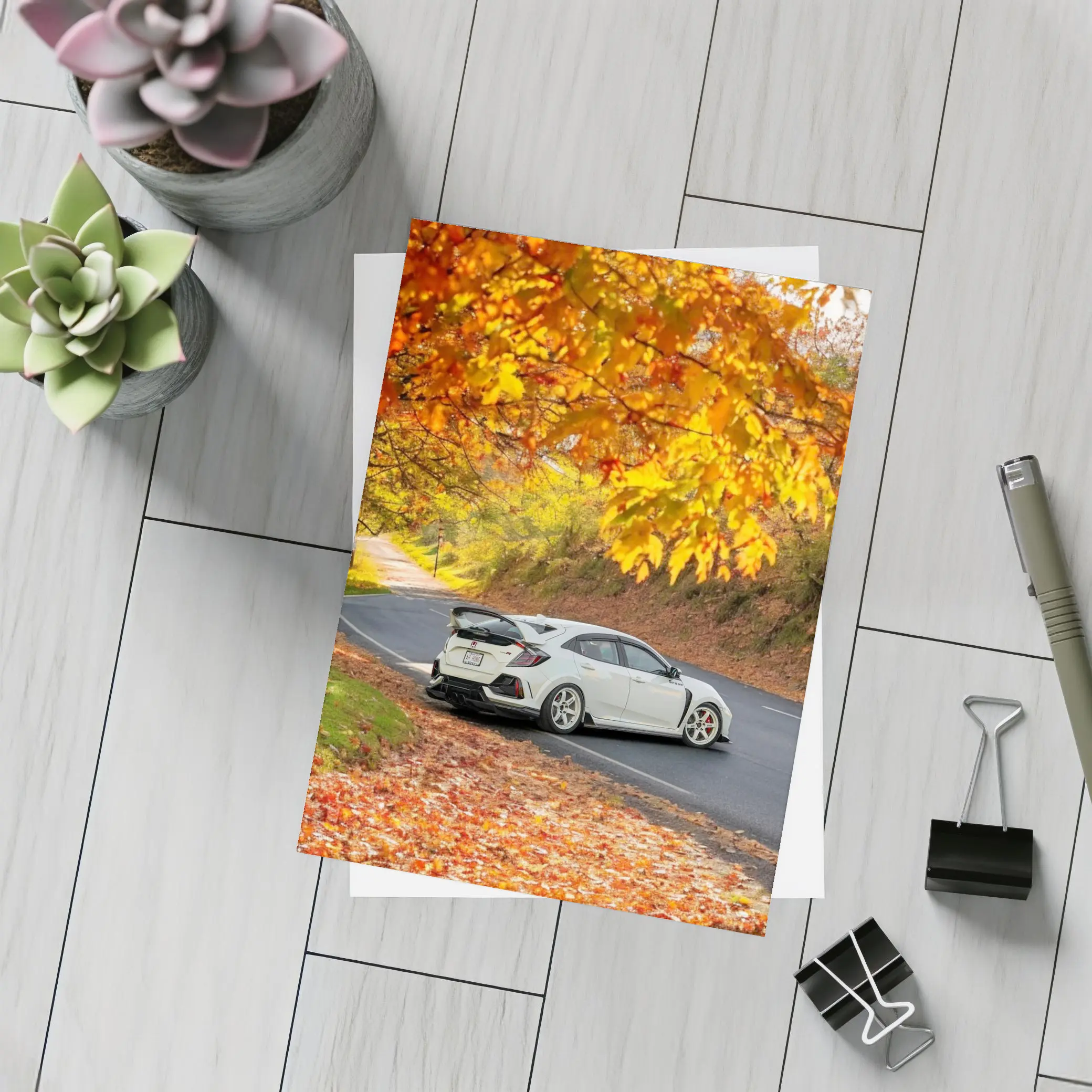 Honda Civic Type R White Autumn Road – Postcards