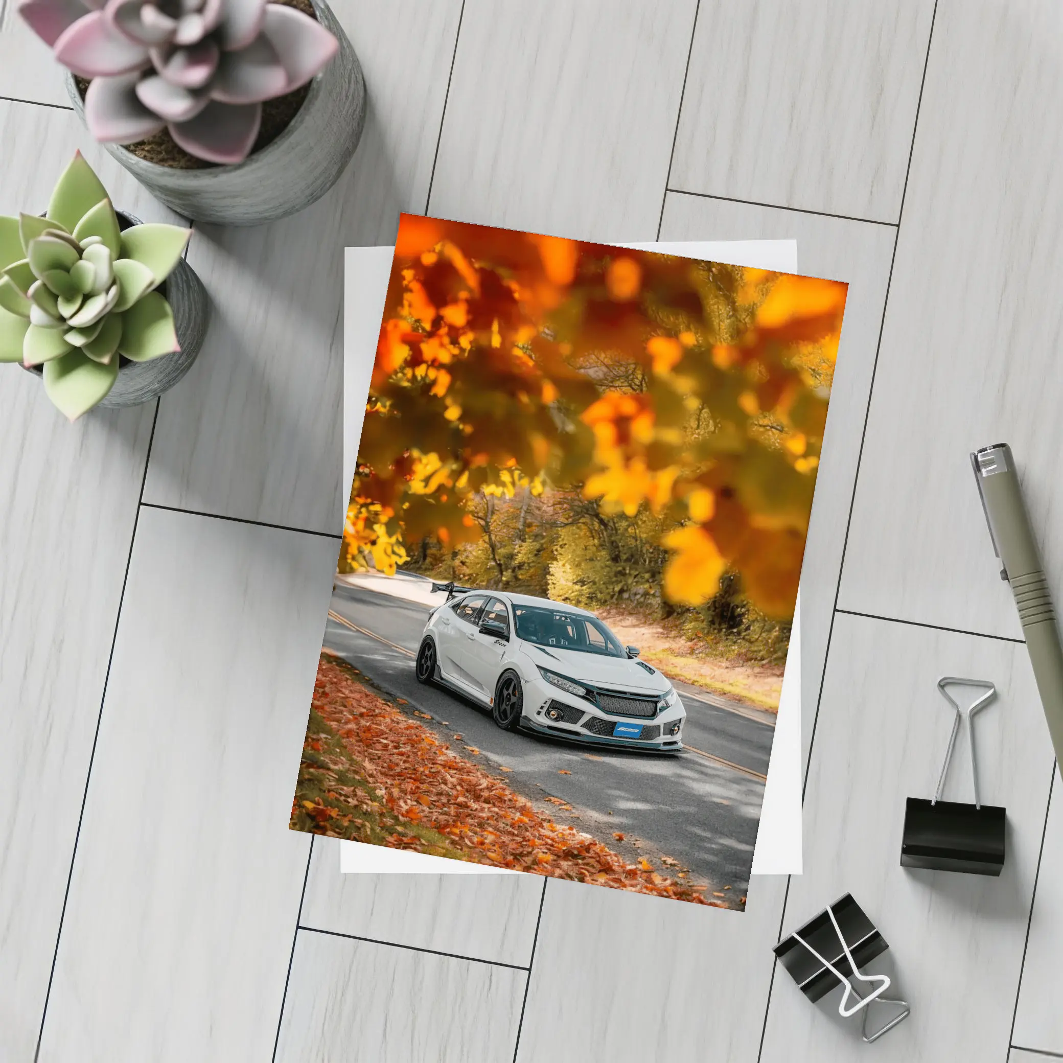 Honda Civic Type R White Autumn Road – Postcards