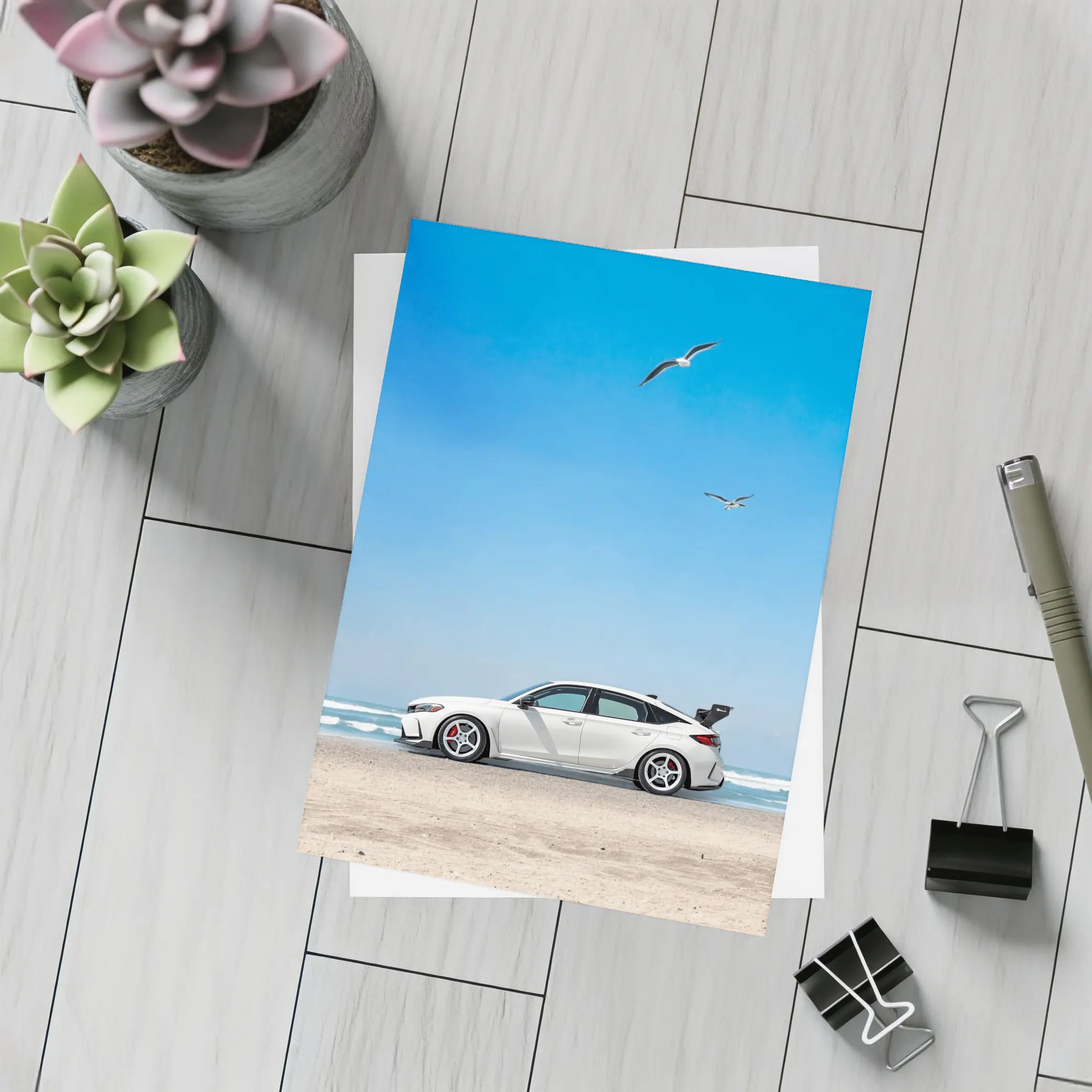 Honda Civic at Beach Blue Sky – Postcards