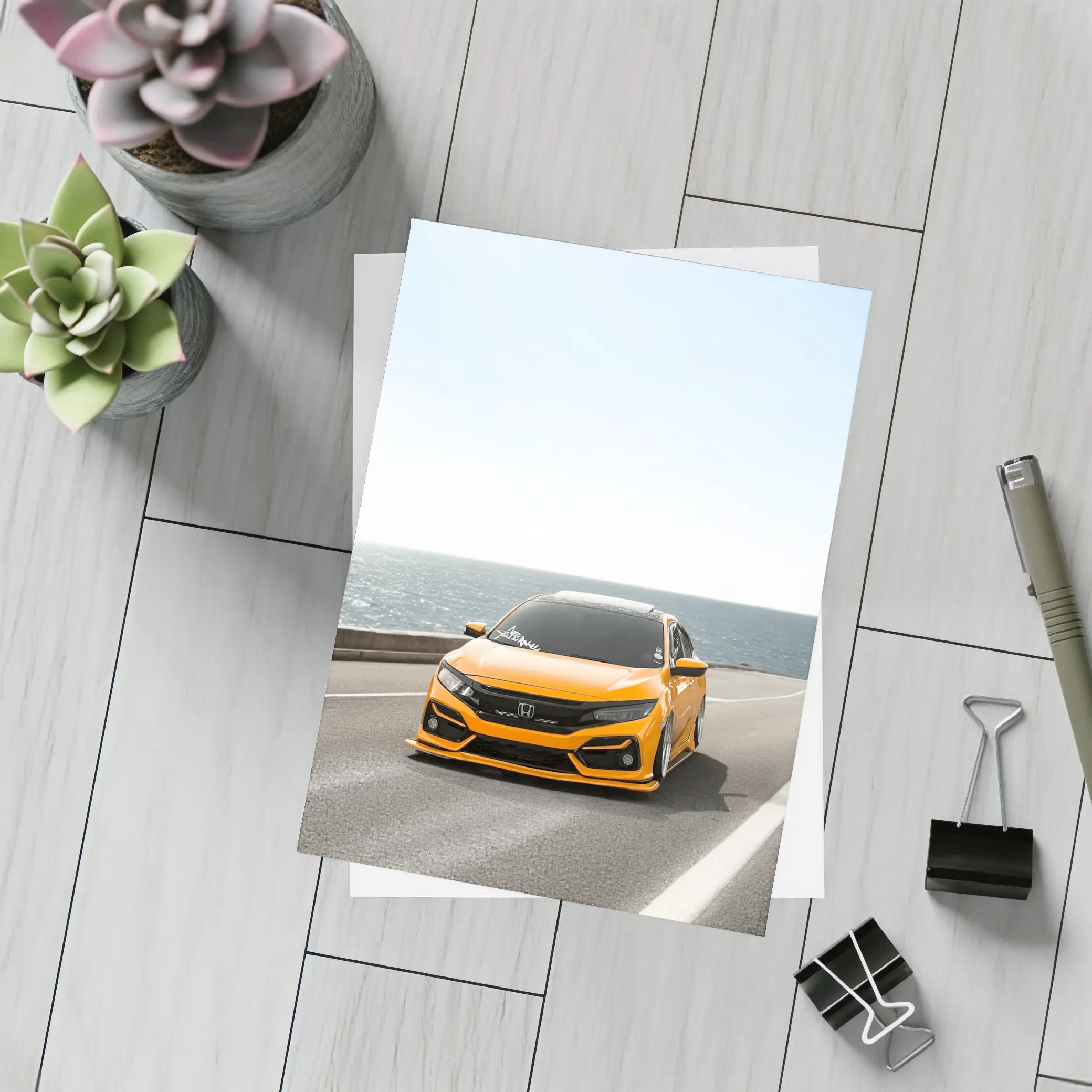 Honda Civic Orange Stance Coastal Road Drive – Postcards