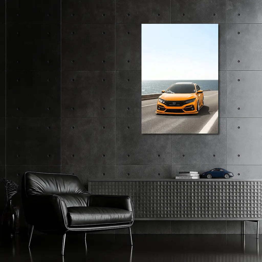 Honda Civic Orange Stance Coastal Road Drive – Wall Art