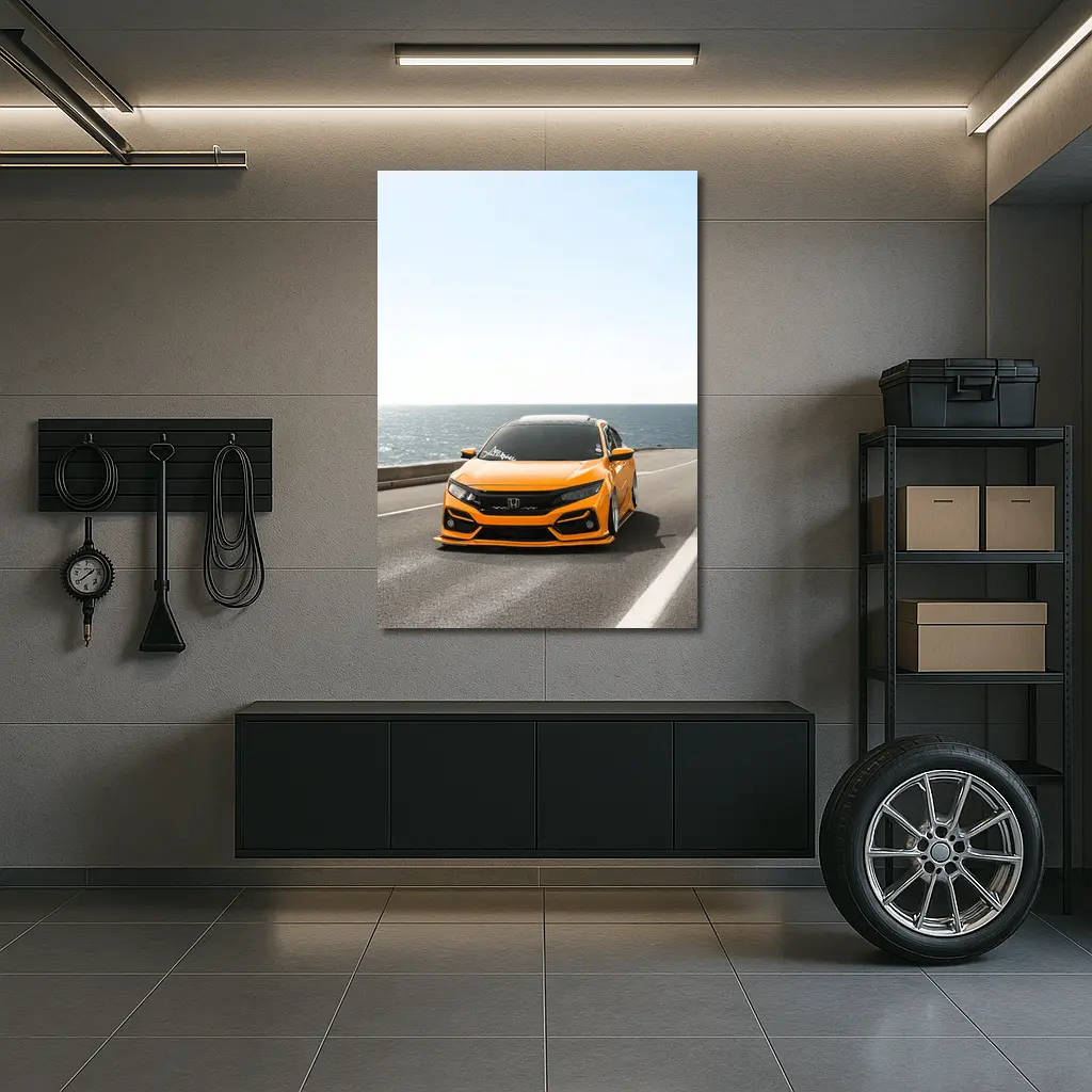 Honda Civic Orange Stance Coastal Road Drive – Wall Art