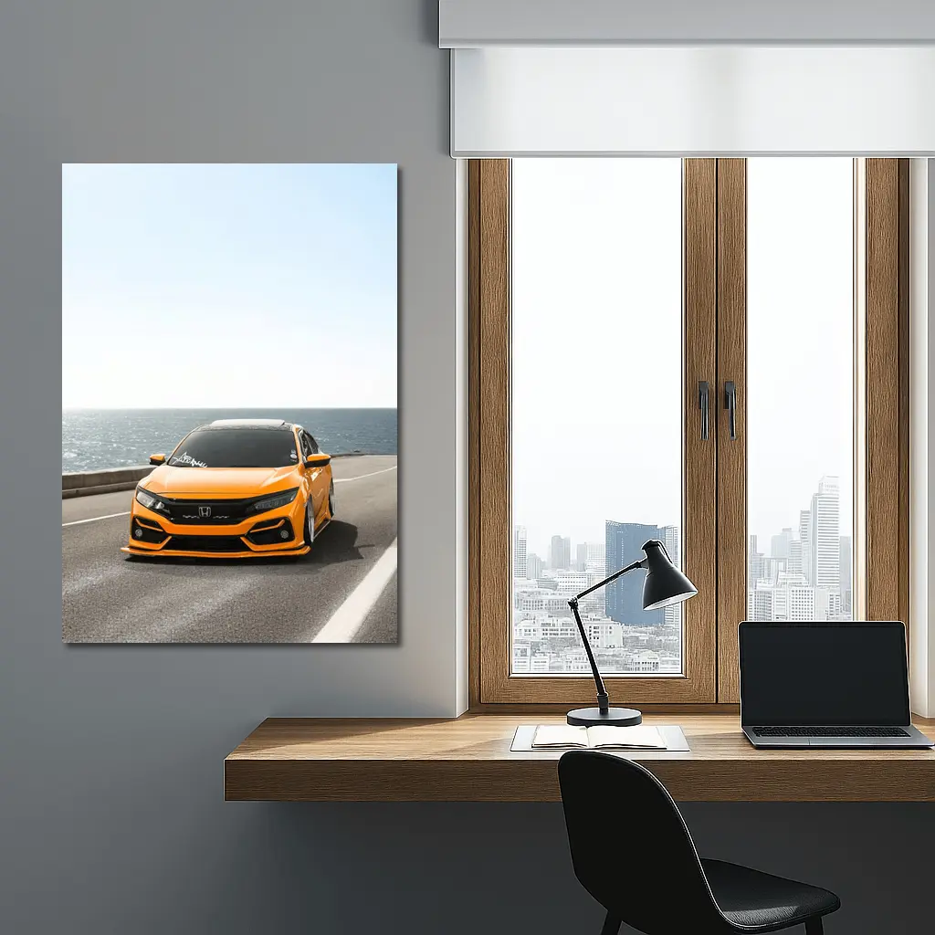 Honda Civic Orange Stance Coastal Road Drive – Wall Art