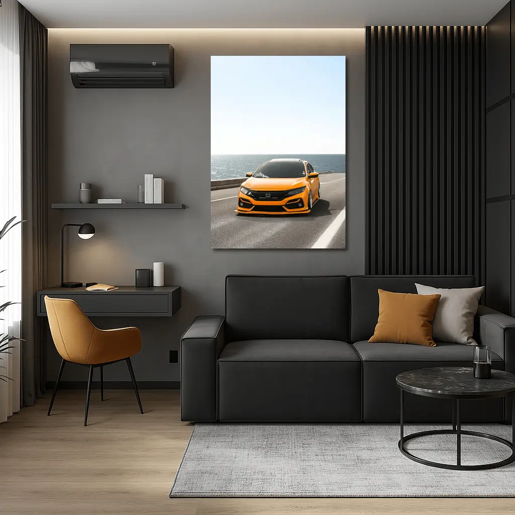 Honda Civic Orange Stance Coastal Road Drive – Wall Art