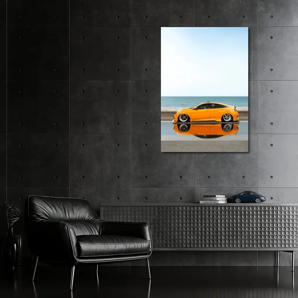 Honda Civic Coupe Slammed Orange Ocean Road – Wall Art