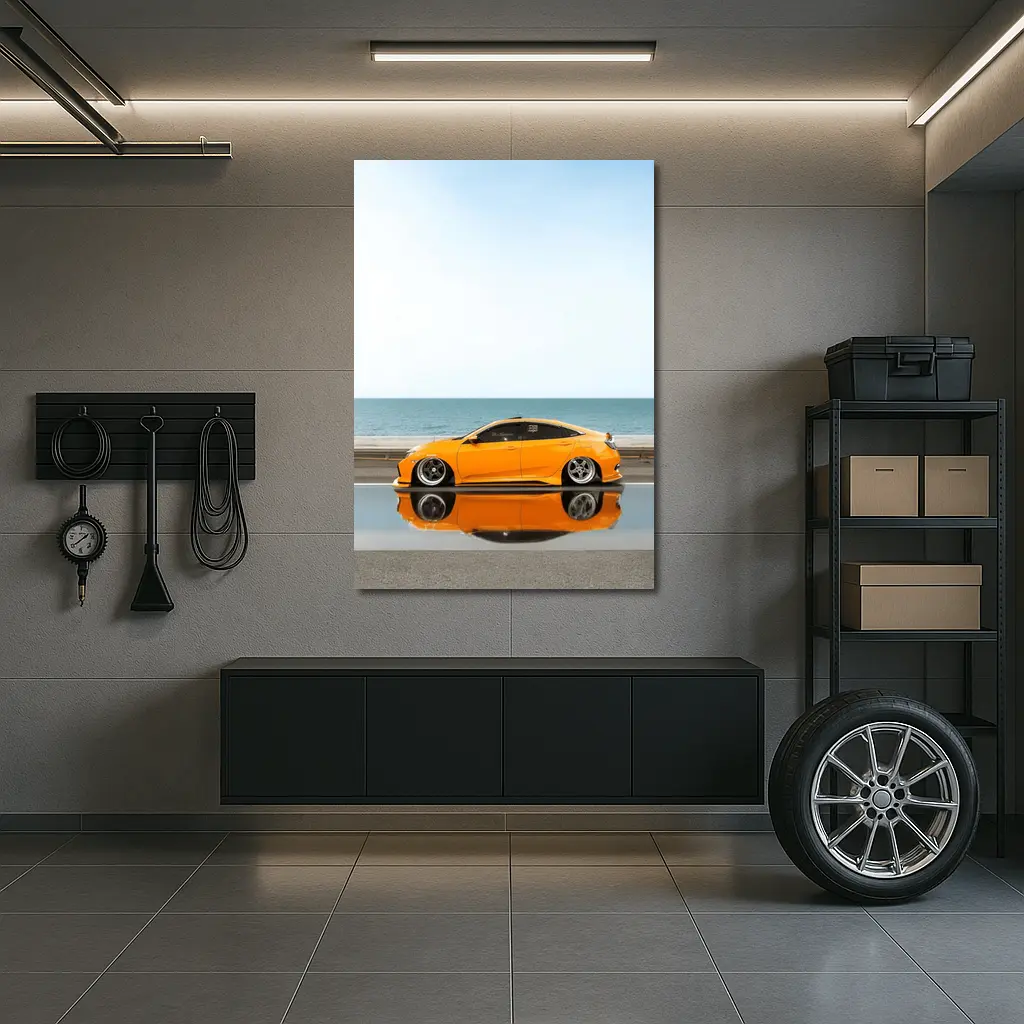 Honda Civic Coupe Slammed Orange Ocean Road – Wall Art