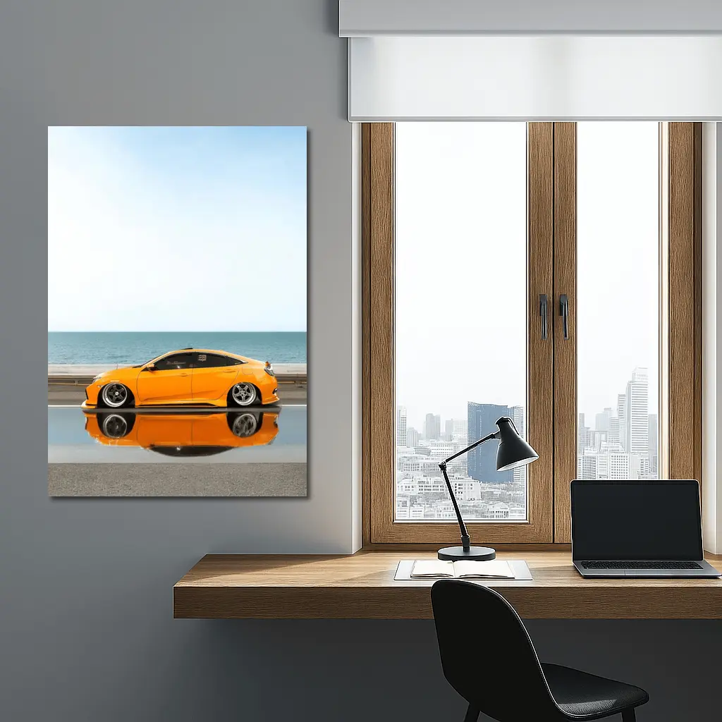 Honda Civic Coupe Slammed Orange Ocean Road – Wall Art
