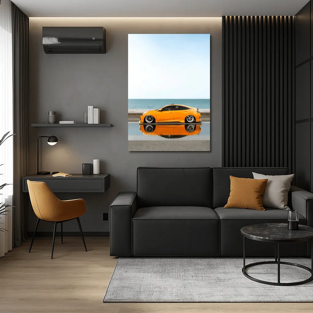 Honda Civic Coupe Slammed Orange Ocean Road – Wall Art
