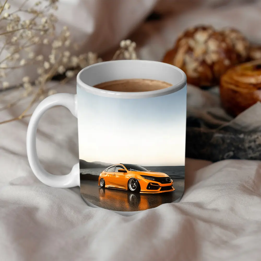 Honda Civic Stanced Orange Coastal Sunset Scene – Mugs