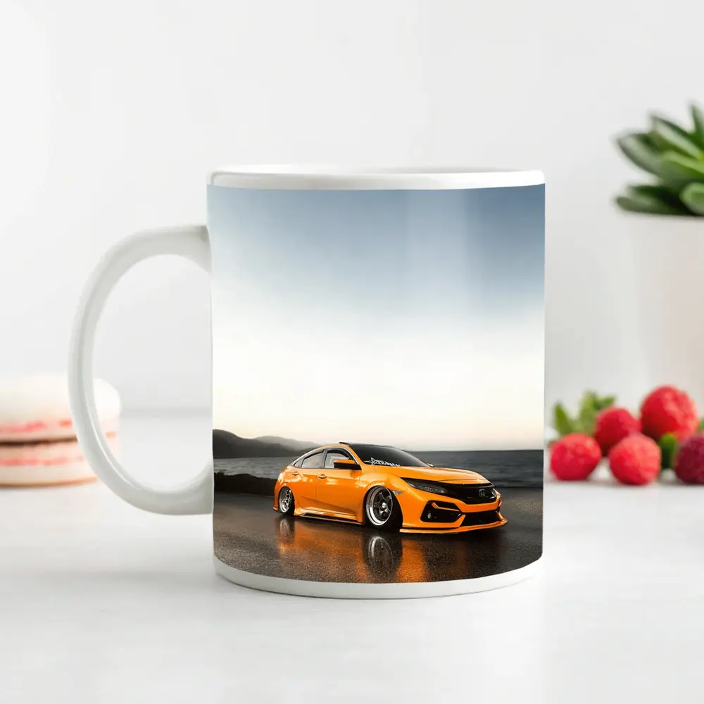 Honda Civic Stanced Orange Coastal Sunset Scene – Mugs