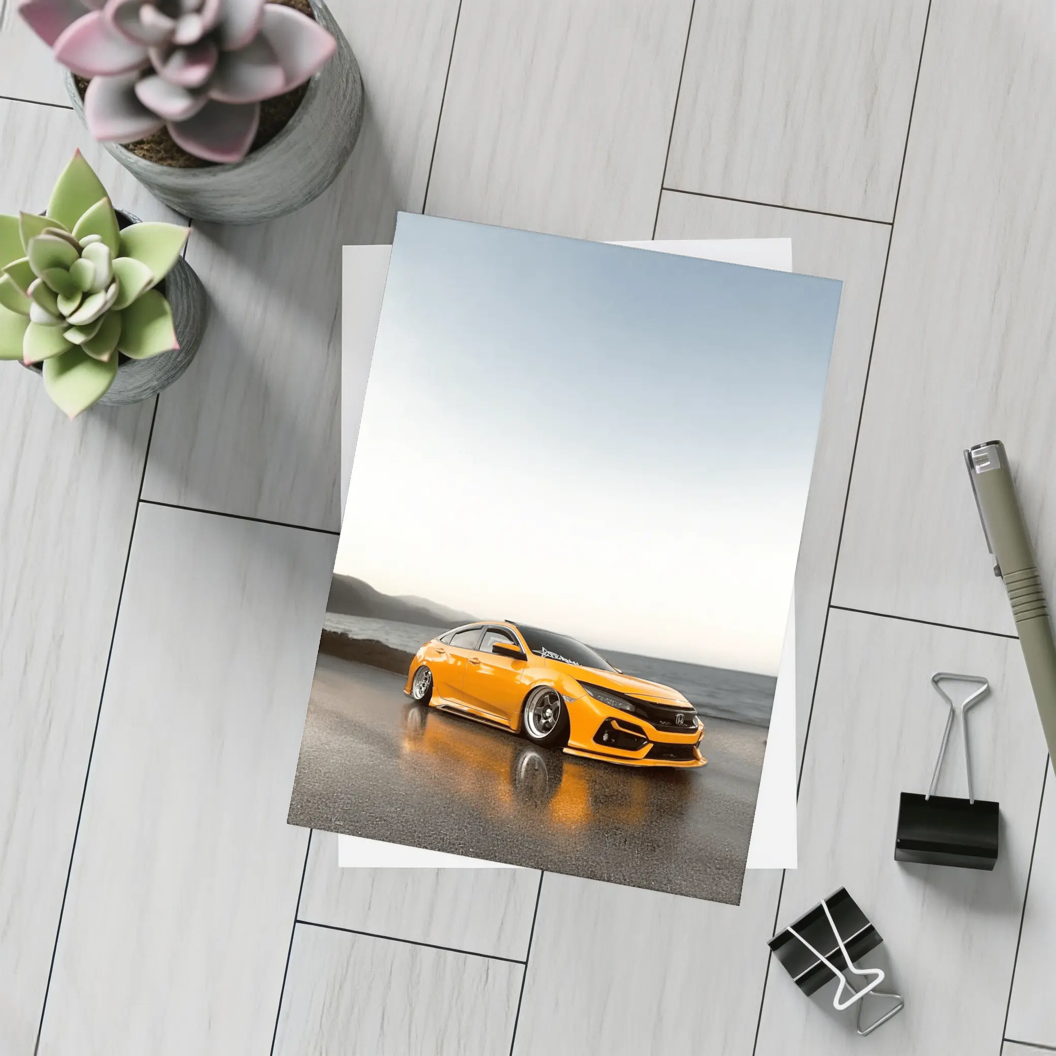Honda Civic Stanced Orange Coastal Sunset Scene – Postcards