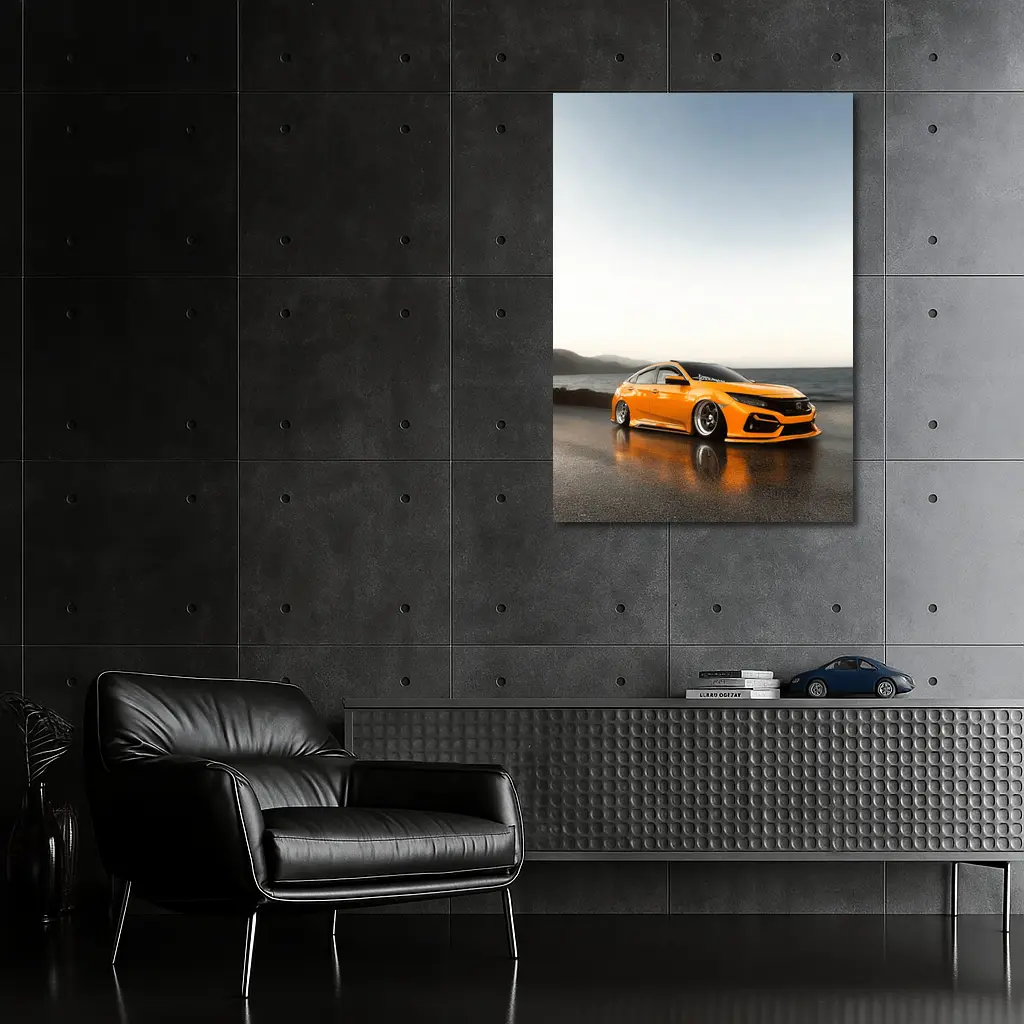 Honda Civic Stanced Orange Coastal Sunset Scene – Wall Art