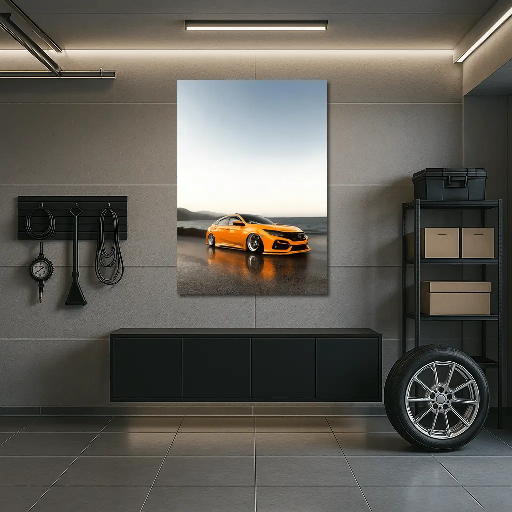 Honda Civic Stanced Orange Coastal Sunset Scene – Wall Art