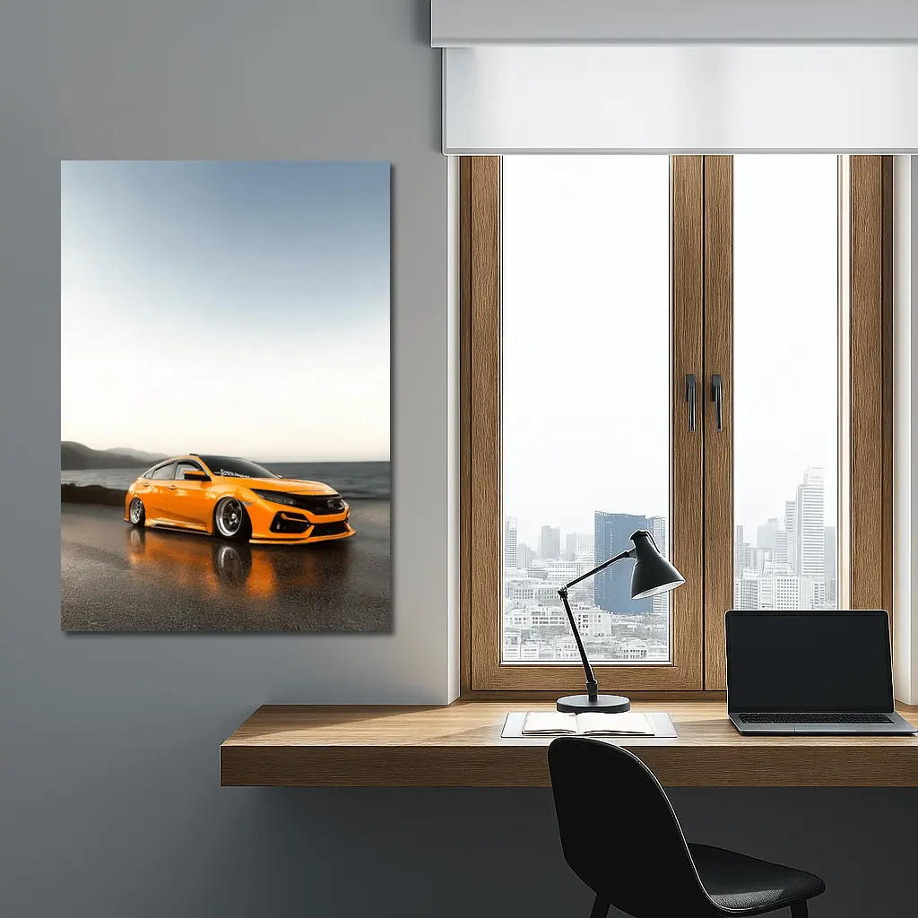 Honda Civic Stanced Orange Coastal Sunset Scene – Wall Art