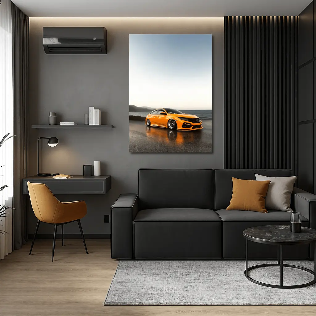 Honda Civic Stanced Orange Coastal Sunset Scene – Wall Art