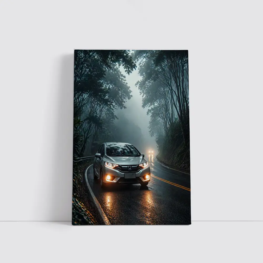 Honda Fit Driving Foggy Forest Mountain Road – Wall Art