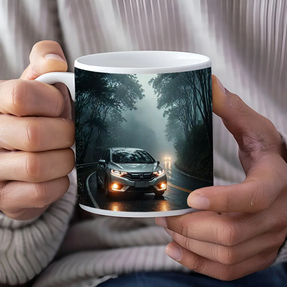 Honda Fit Driving Foggy Forest Mountain Road – Mugs