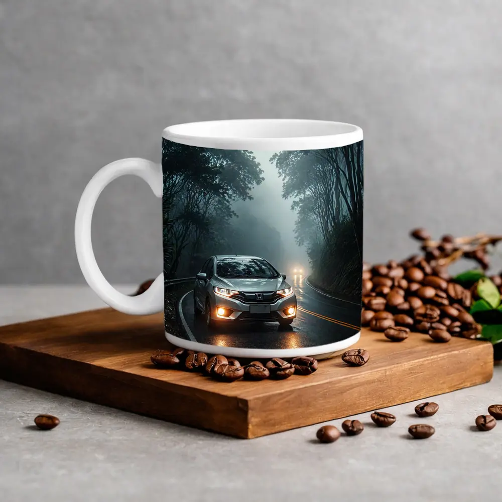 Honda Fit Driving Foggy Forest Mountain Road – Mugs