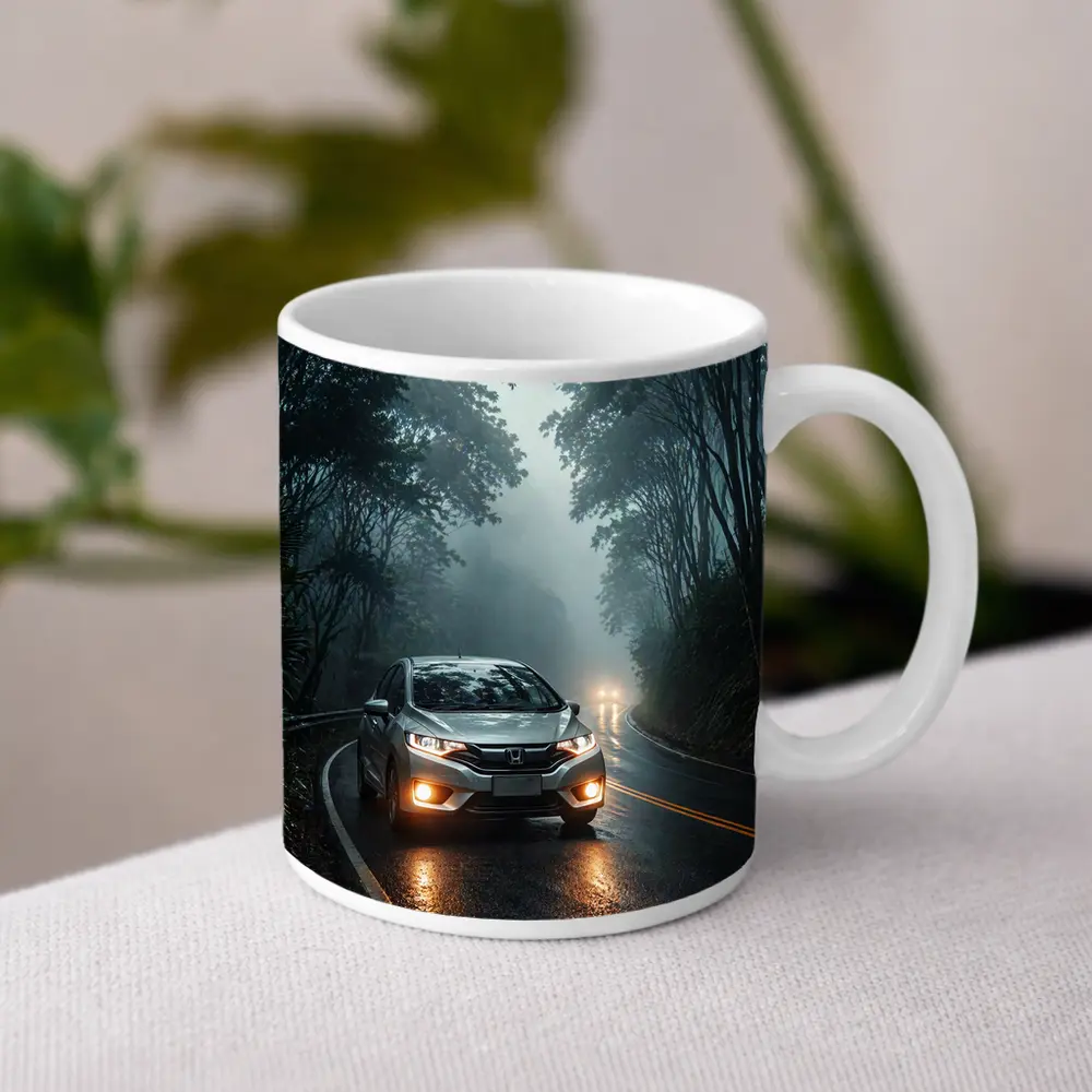 Honda Fit Driving Foggy Forest Mountain Road – Mugs