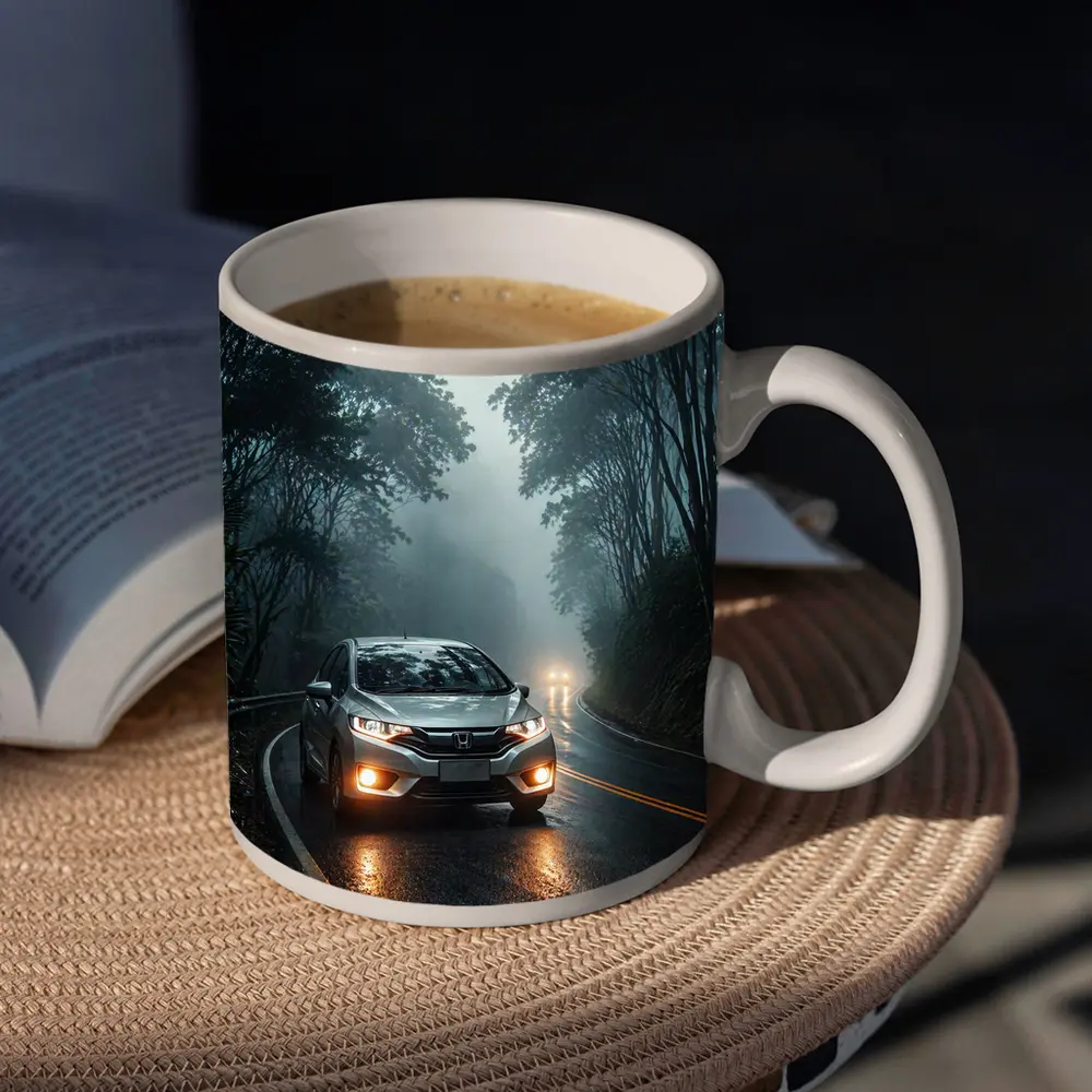 Honda Fit Driving Foggy Forest Mountain Road – Mugs