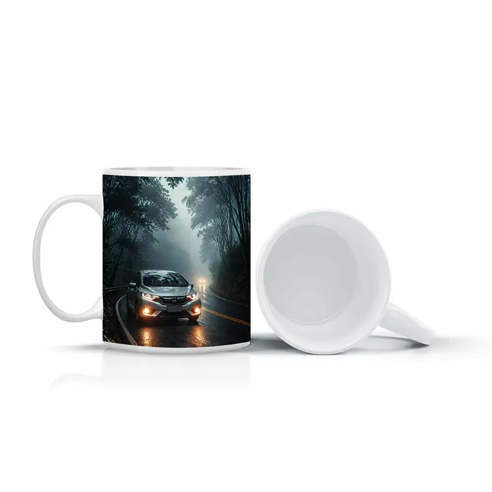 Honda Fit Driving Foggy Forest Mountain Road – Mugs