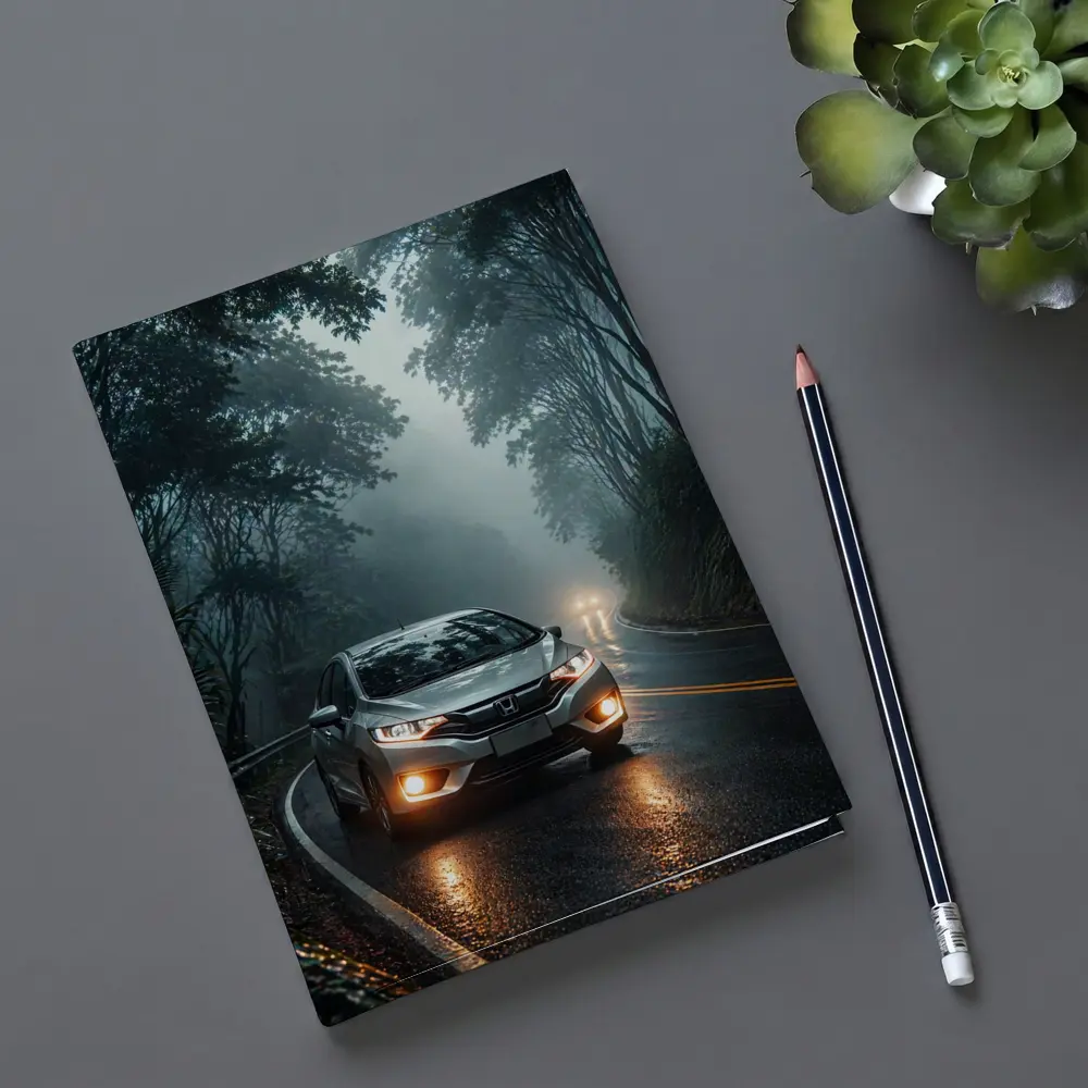 Honda Fit Driving Foggy Forest Mountain Road – Notebooks