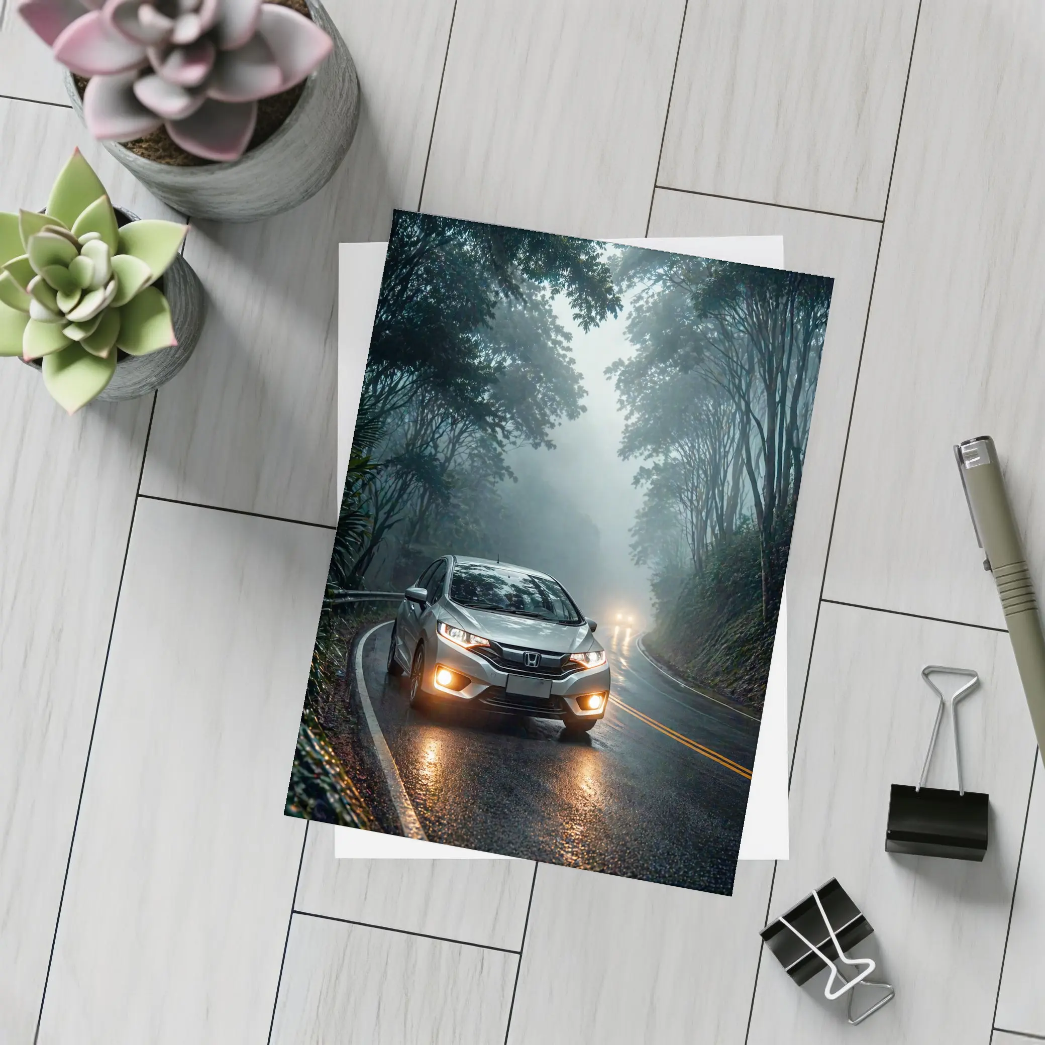Honda Fit Driving Foggy Forest Mountain Road – Postcards