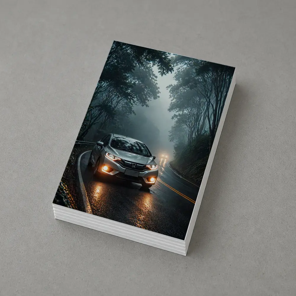 Honda Fit Driving Foggy Forest Mountain Road – Postcards