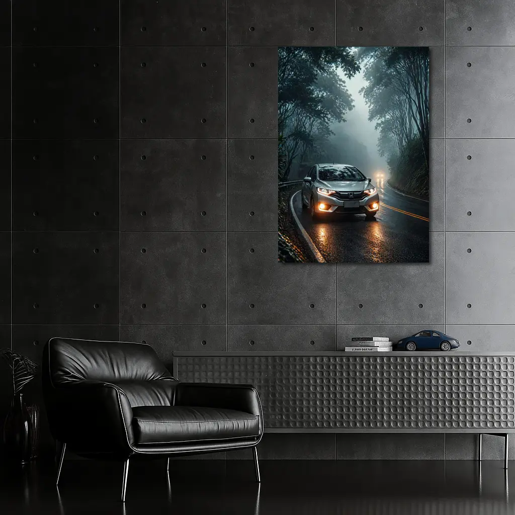 Honda Fit Driving Foggy Forest Mountain Road – Wall Art