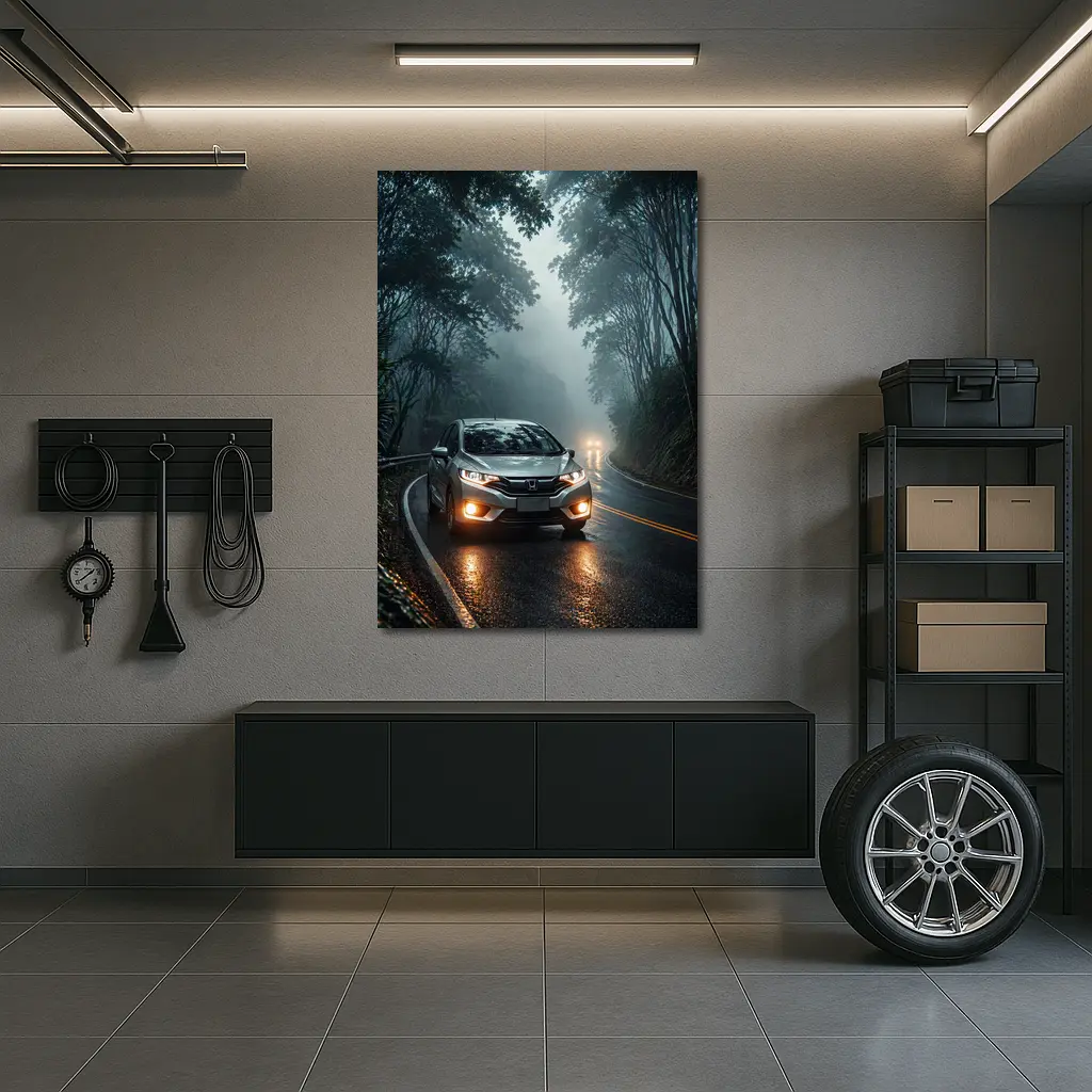 Honda Fit Driving Foggy Forest Mountain Road – Wall Art