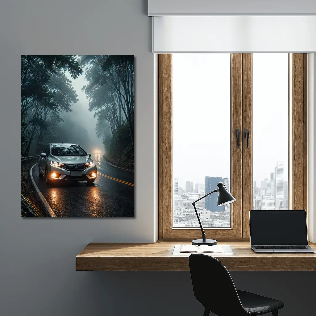 Honda Fit Driving Foggy Forest Mountain Road – Wall Art