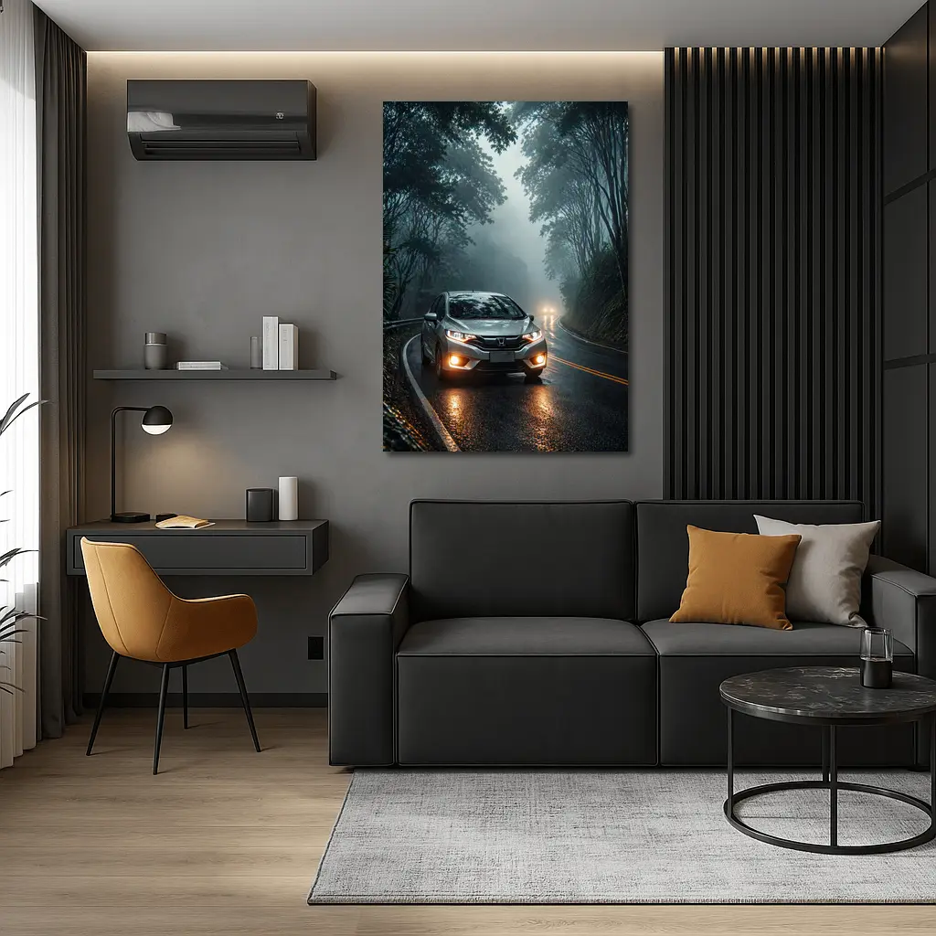 Honda Fit Driving Foggy Forest Mountain Road – Wall Art