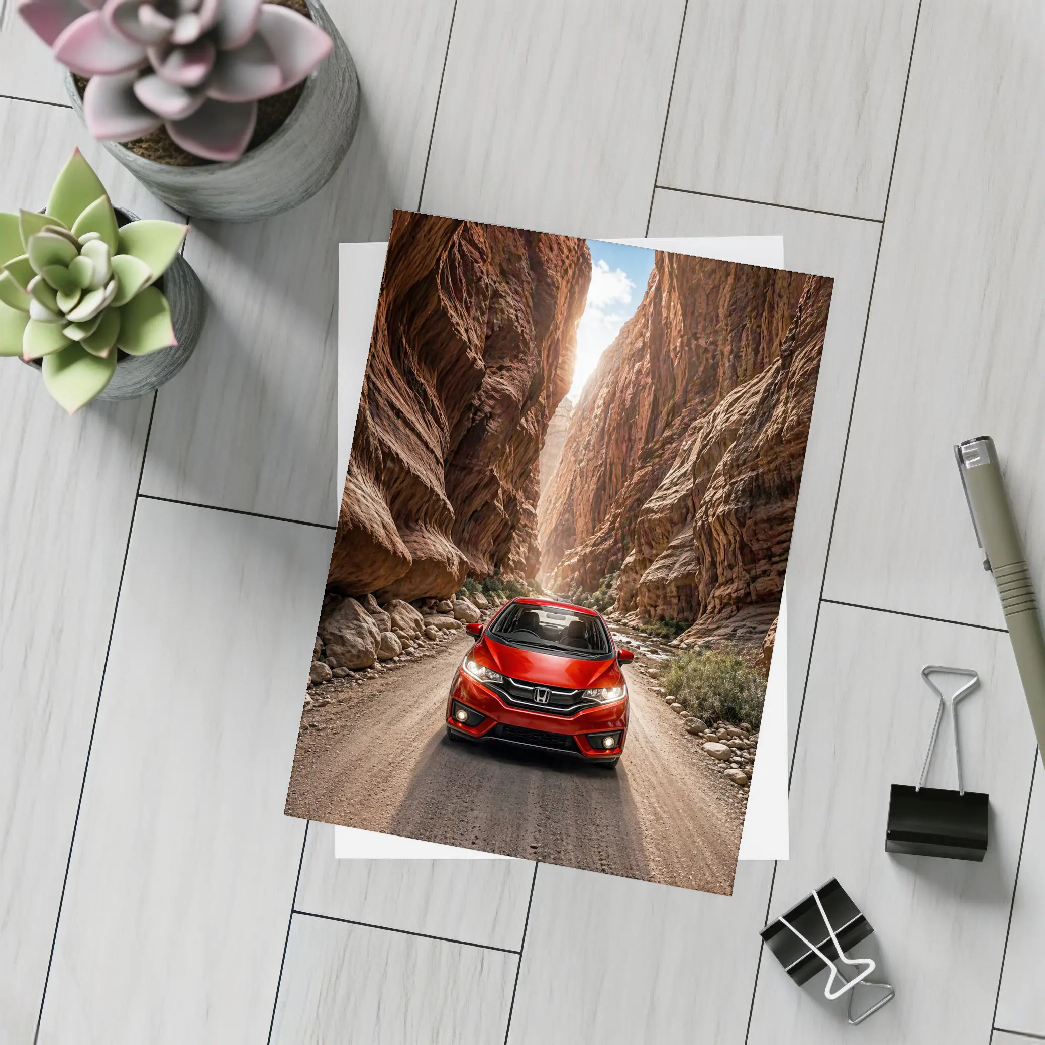 Honda Fit Red Car Canyon Road Drive – Postcards