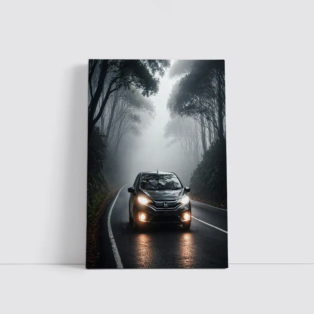 Honda Fit Driving Foggy Forest Road – Wall Art
