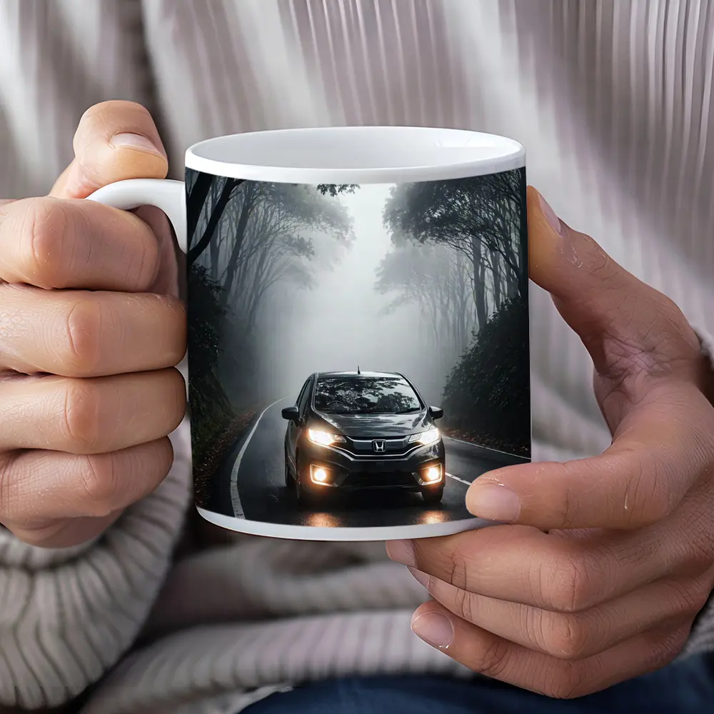 Honda Fit Driving Foggy Forest Road – Mugs